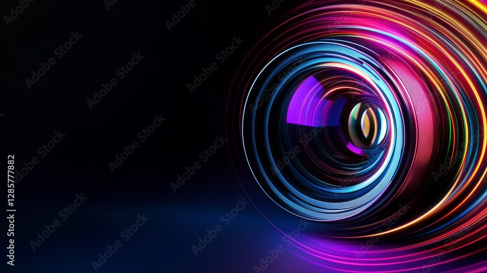 Colorful camera lens with vibrant light trails creating a dynamic effect in a modern setting Colorful camera lens with vibrant light trails creating a dynamic effect in a modern setting
