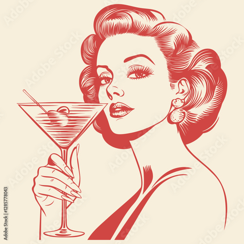 Vector illustration of a retro woman holding a martini. Engraving style. Ideal for cocktail bar, vintage style or party themed designs.