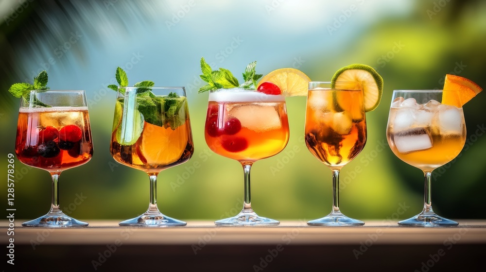 Row of five glasses of different drinks, including a martini, a margarita, and a daiquiri
