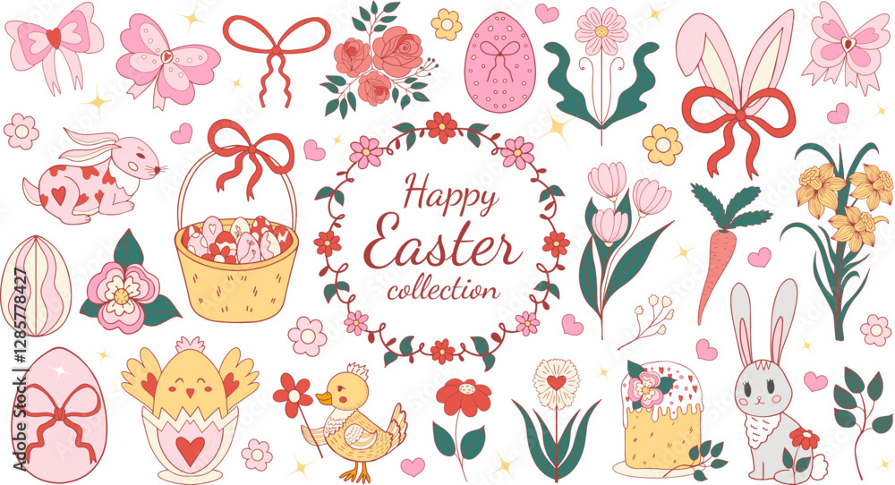 Easter coquette design elements set. Eggs, chicken, butterfly, rabbit, tulips, flowers, willow, branches, basket, tulips, narcissus. Vector illustration. Easter coquette design elements set. Eggs, chicken, butterfly, rabbit, tulips, flowers, willow, branches, basket, tulips, narcissus. Vector illustration.
