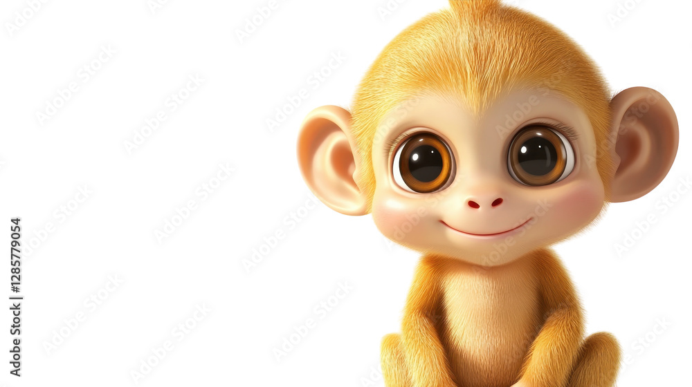 Fototapeta premium Cute animated monkey with big eyes and a cheerful expression sitting against a plain background