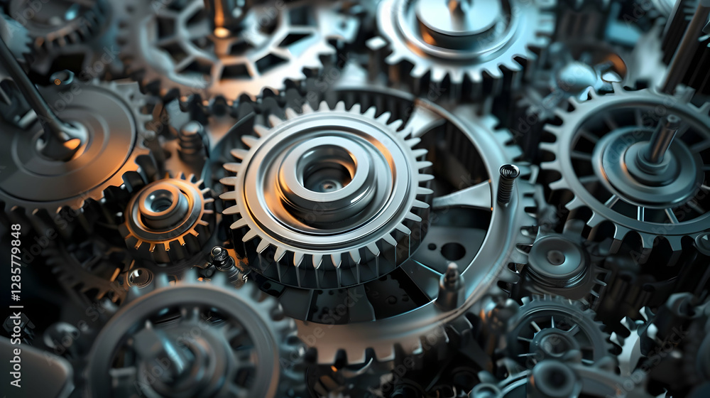 Close-up view of intricate metallic gears in motion, showcasing engineering precision and innovation Close-up view of intricate metallic gears in motion, showcasing engineering precision and innovation