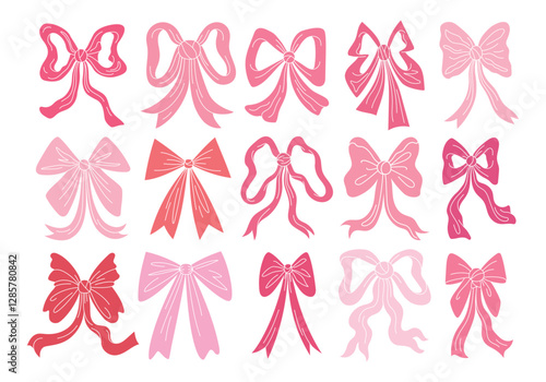 Wallpaper Mural Vector set of cartoon ribbons, bows, accessories. Pink vintage girlish pink bows for hair decoration. Cute trendy doodle style coquette stickers, Decor of packaging and clothes for birthday and love. Torontodigital.ca