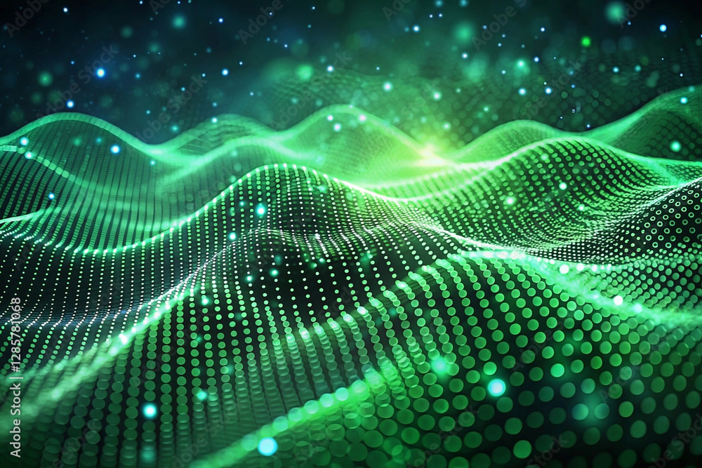 Abstract green digital wave background with glowing particles. Abstract green digital wave background with glowing particles.