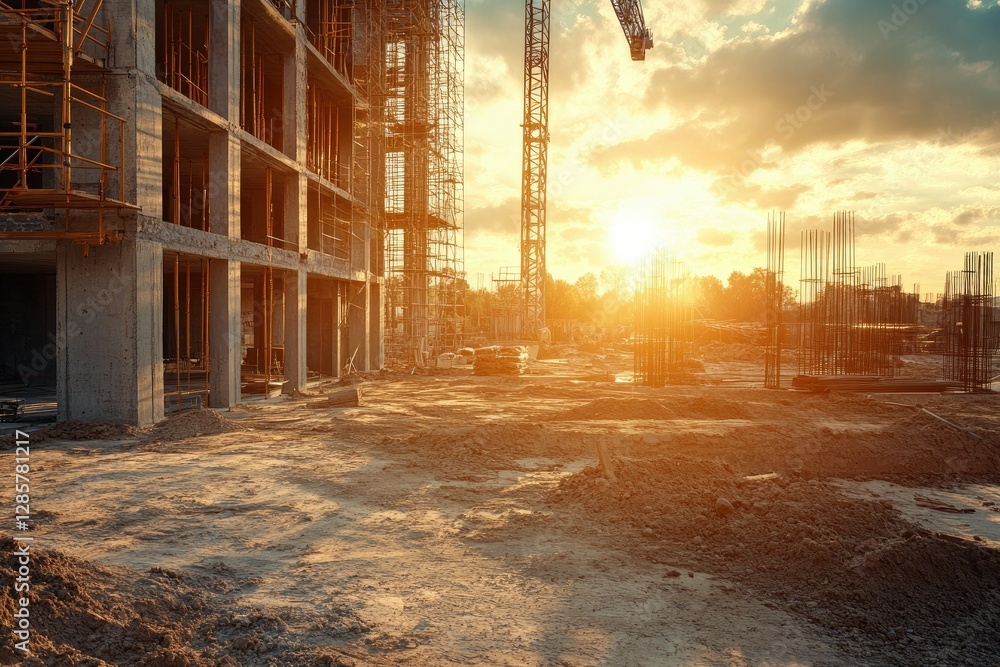 Vibrant Color Image of Construction Site with Materials Outdoor for Tower Building Vibrant Color Image of Construction Site with Materials Outdoor for Tower Building