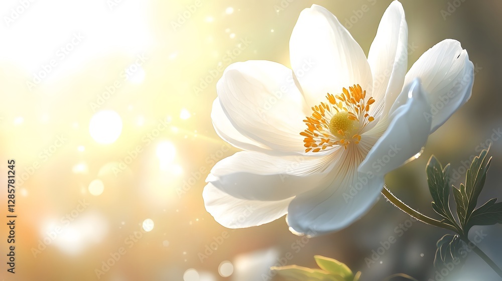 Fototapeta premium Delicate White Flower Blooming with Sunlight and Golden Bokeh Effect