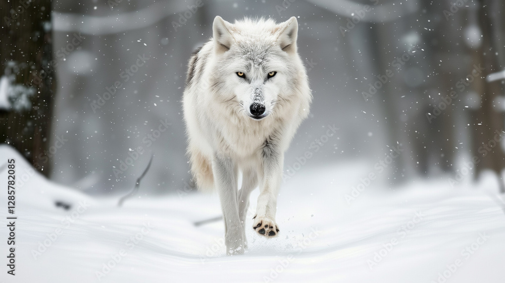 Naklejka premium White Wolf Walking Through a Snowy Forest in Winter