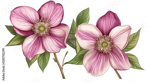 Wallpaper Mural Two beautiful pink flowers with delicate petals and vibrant green leaves, showcasing intricate details and a charming appearance. Torontodigital.ca