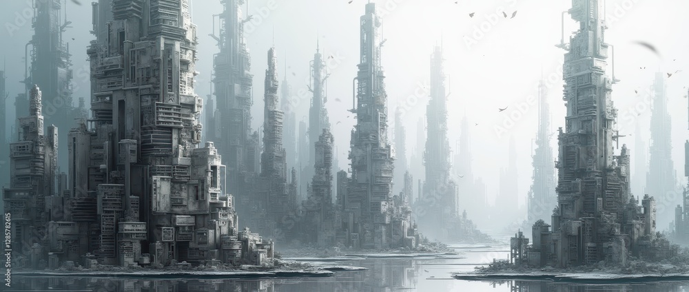 An abstract representation of a cityscape, with distorted and fragmented buildings in shades of gray and silver. The composition feels futuristic and surreal An abstract representation of a cityscape, with distorted and fragmented buildings in shades of gray and silver. The composition feels futuristic and surreal