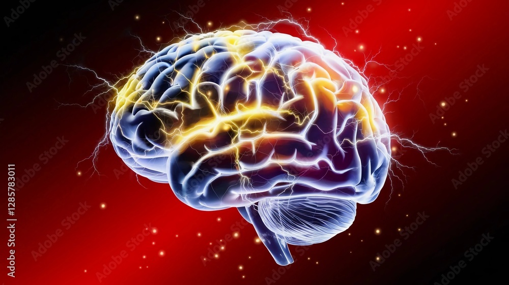 Fototapeta premium A glowing depiction of a human brain surrounded by bright electric currents, symbolizing neural activity, mental processes, and intelligence, highlighted against a vibrant red background