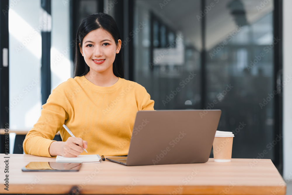 Woman in yellow sweater working on laptop while taking notes, sitting at wooden desk with coffee cup in modern office. Woman in yellow sweater working on laptop while taking notes, sitting at wooden desk with coffee cup in modern office.