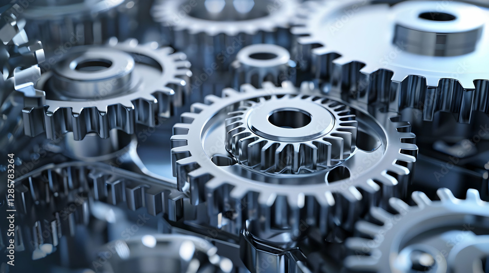 Close-up of interlocking metallic gears showcasing intricate details and reflections Close-up of interlocking metallic gears showcasing intricate details and reflections