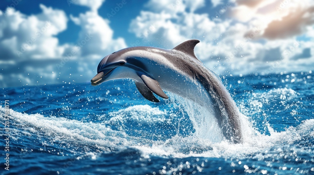Fototapeta premium Majestic dolphin leaping in azure ocean waves under dramatic sky