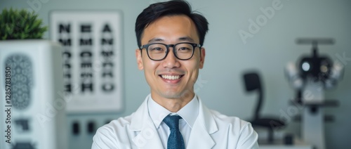 A professional photo of an Asian male ophthalmologist with glasses and a short haircut, wearing a white coat. He is holding an eye chart, standing in an eye clinic with optometry equipment around him