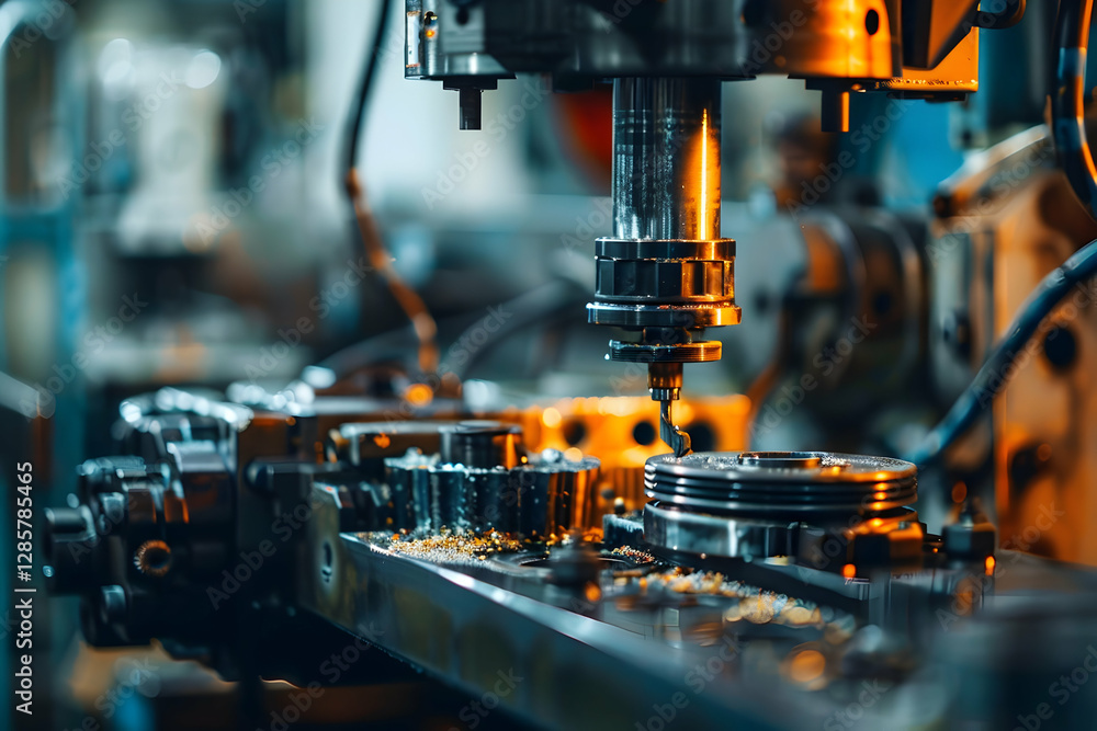 Close-up of a precision CNC machine working on metal parts in a busy industrial workshop Close-up of a precision CNC machine working on metal parts in a busy industrial workshop