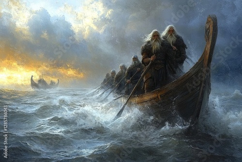 Viking warriors navigate stormy seas aboard longships at sunset photo