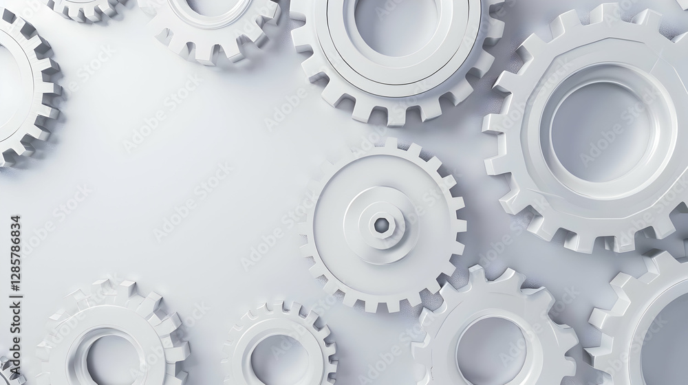 Abstract composition of white gears on a light background, symbolizing industry and mechanics Abstract composition of white gears on a light background, symbolizing industry and mechanics