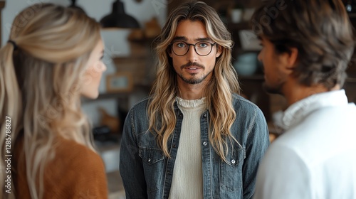 A real estate agent explaining the benefits of the apartment's location to a couple photo