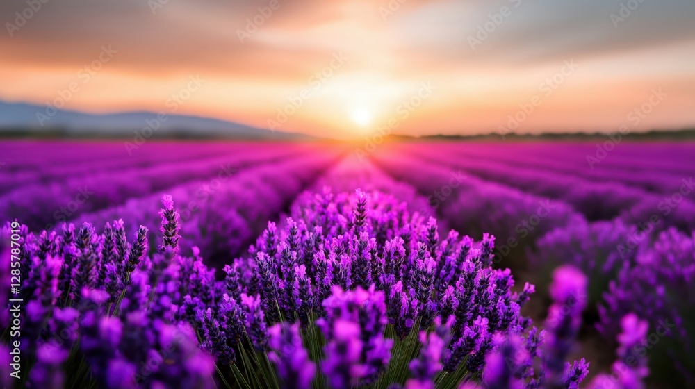 Fototapeta premium Serene lavender field at sunset glowing under a soft golden sky with blooming purple flowers stretching endlessly