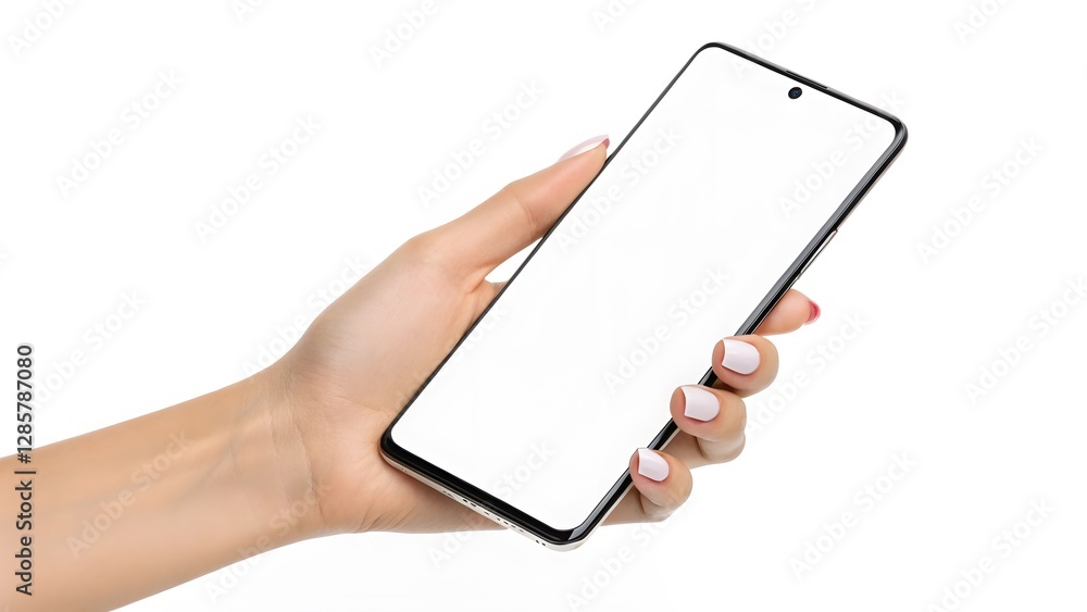 Hand holding modern smartphone with blank screen on white background Hand holding modern smartphone with blank screen on white background