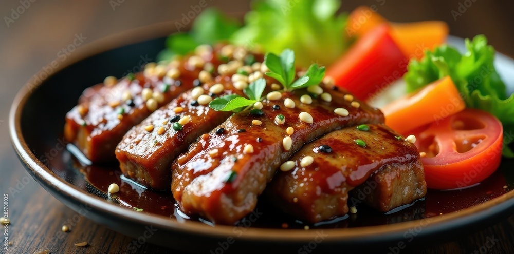 Close-up shot of teriyaki beef and colorful vegetables Sesame seeds garnish , black, sesame, oriental Close-up shot of teriyaki beef and colorful vegetables Sesame seeds garnish , black, sesame, oriental
