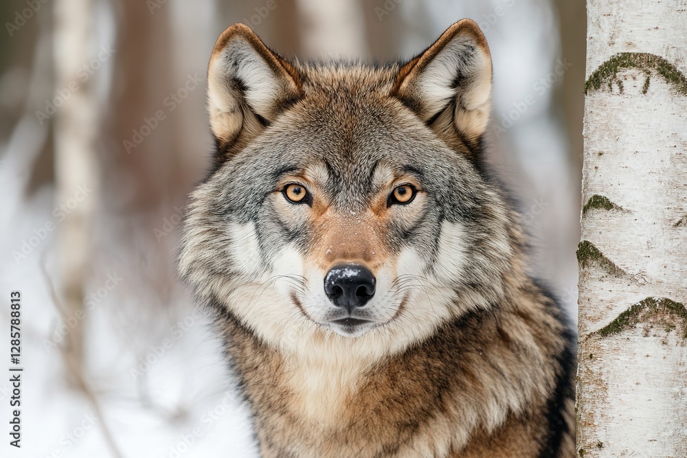 The Enigmatic Gaze: A Wolf's Winter Portrait in the Birch - Laden Forest The Enigmatic Gaze: A Wolf's Winter Portrait in the Birch - Laden Forest