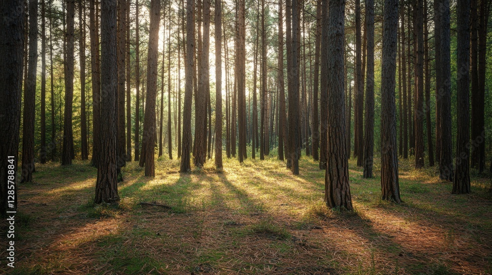 Obraz premium Sunlight filtering through pine forest