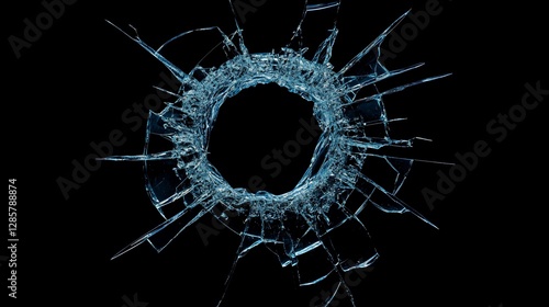 Circular hole in shattered glass pane on black background.