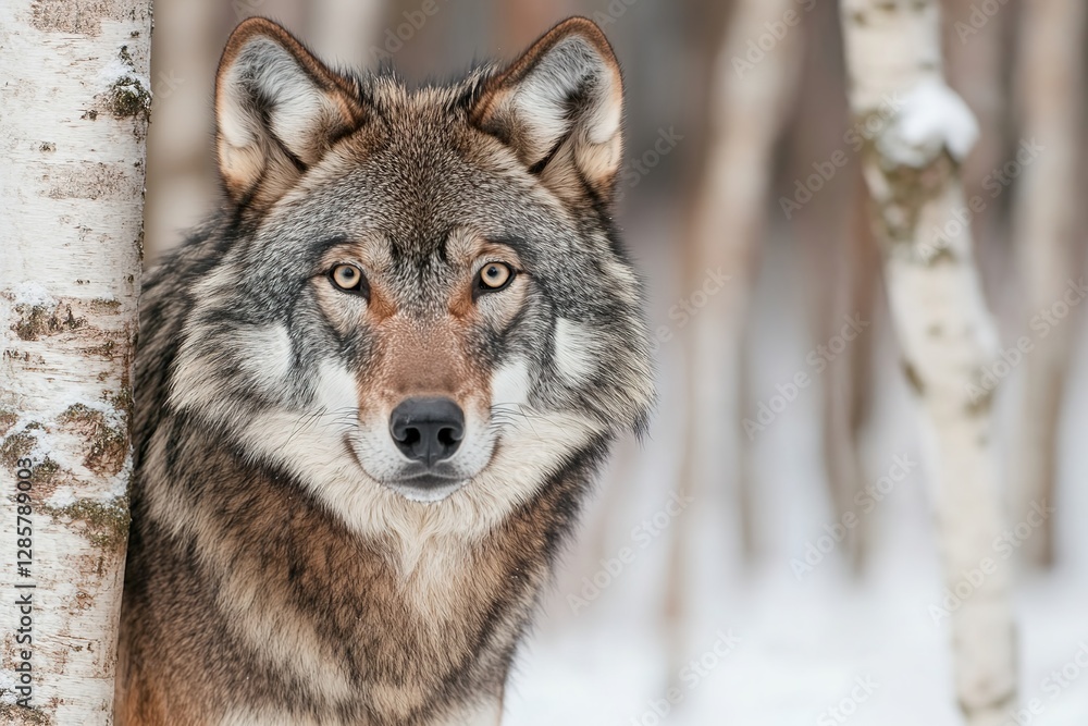 Fototapeta premium The Enigmatic Gaze: A Wolf's Winter Portrait in the Birch - Laden Forest