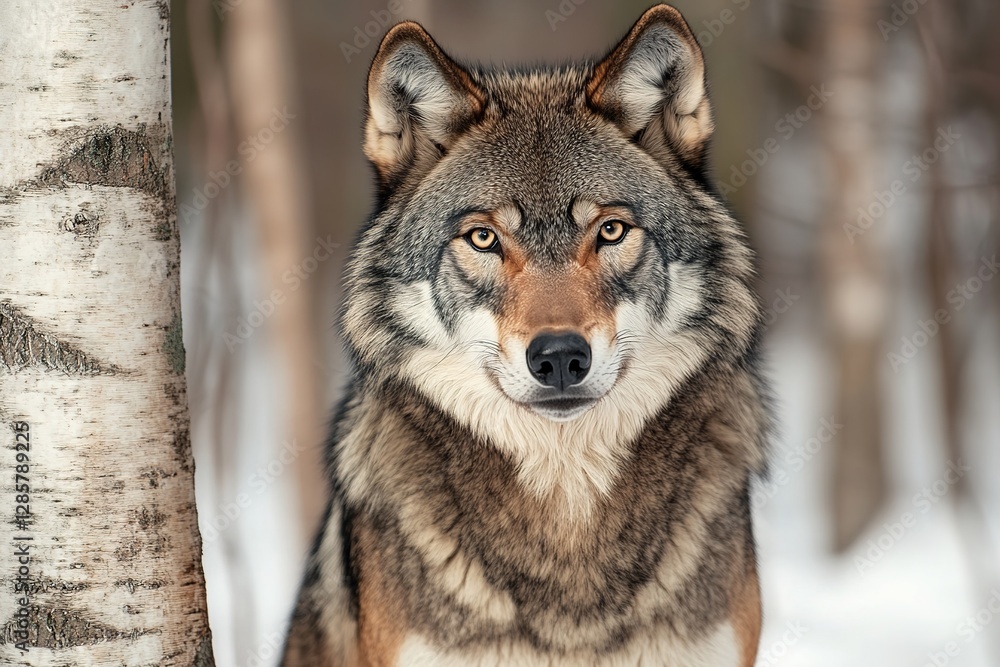 The Enigmatic Gaze: A Wolf's Winter Portrait in the Birch - Laden Forest The Enigmatic Gaze: A Wolf's Winter Portrait in the Birch - Laden Forest