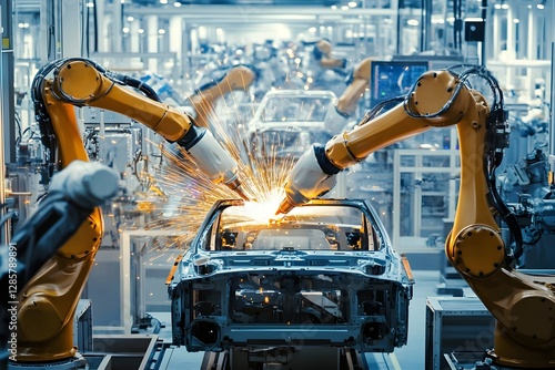 A high-tech automotive factory showcases a futuristic setting where robotic arms weld car frames. Bright sparks scatter as multiple automated welders operate simultaneously in a sleek, advanced enviro