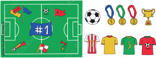 Set of vector football icons, fan paraphernalia and flags for the football championship in doodle style. Football cards, ball with gold cup and medals, T-shirts. Vector illustration