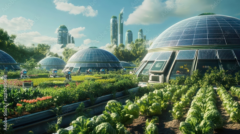 Fototapeta premium A solar-powered organic farming system where robots ensure sustainable food production, providing healthy, eco-friendly produce for a growing population.
