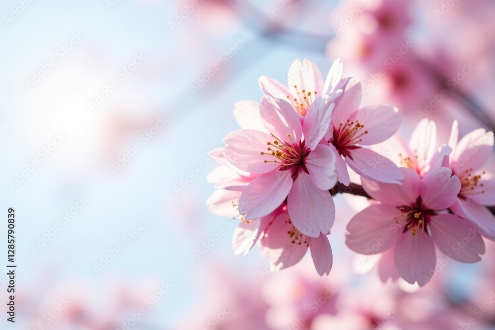Delicate pink cherry blossoms in full bloom against a soft spring sky , branches, delicate Delicate pink cherry blossoms in full bloom against a soft spring sky , branches, delicate