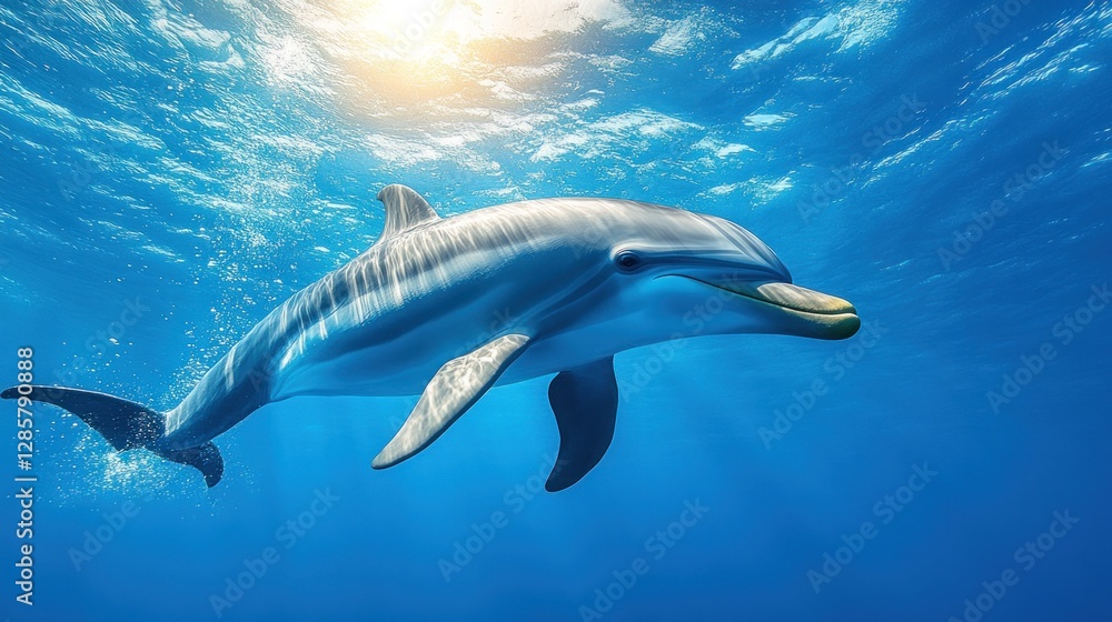 Majestic Dolphin Swimming Underwater, Sunny Ocean Background