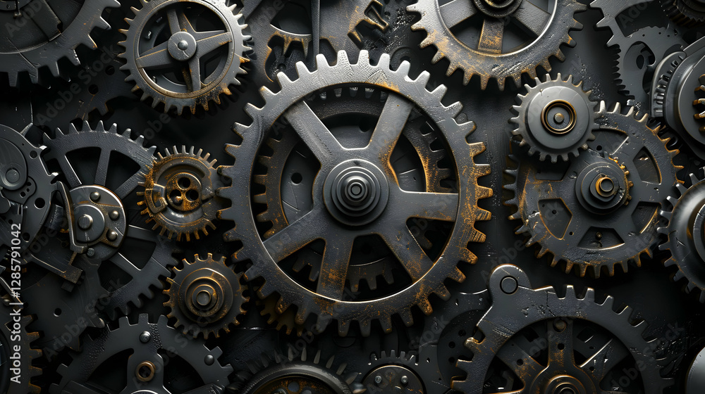 Intricate arrangement of metallic gears showcasing industrial design and mechanical engineering Intricate arrangement of metallic gears showcasing industrial design and mechanical engineering