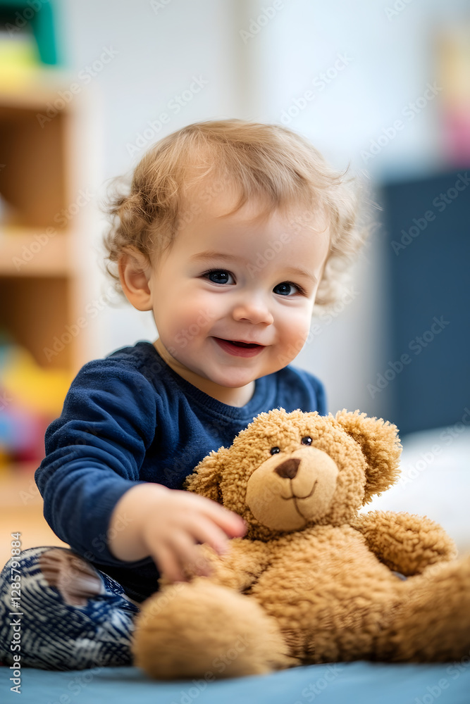 Adorable Smiling Baby Boy with Plush Teddy Bear in Playful Home Setting : Generative AI Adorable Smiling Baby Boy with Plush Teddy Bear in Playful Home Setting : Generative AI