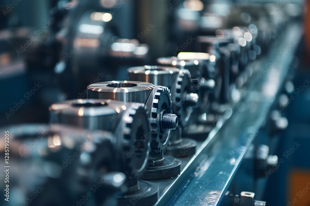 Close-up view of precision metal gears in a manufacturing facility, showcasing industrial machinery Close-up view of precision metal gears in a manufacturing facility, showcasing industrial machinery