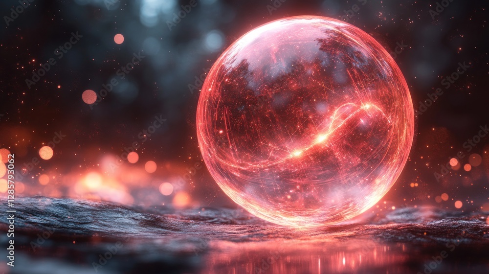 Fototapeta premium Enchanting red orb rests on dark stone, mystical forest background