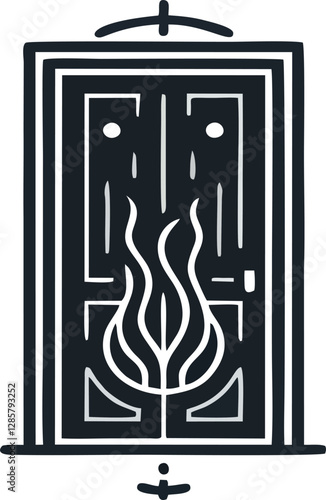 A striking black-and-white minimalist illustration of a mysterious door adorned with a burning flame symbol. The design evokes themes of mysticism, secrecy