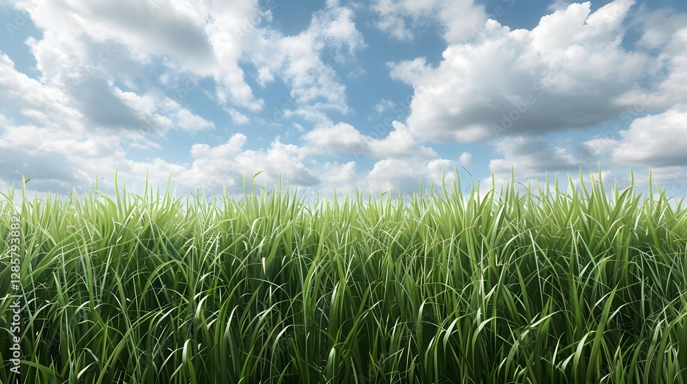 Fototapeta premium Lush Green Sugar Cane Field Under Cloudy Sky in Countryside Landscape