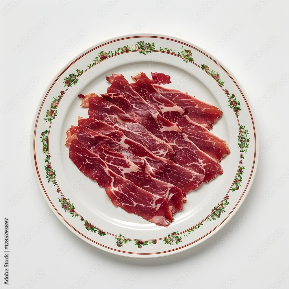 Freshly Sliced Beef Bacon Arranged on a Plate with Plain Background and Natural Lighting Freshly Sliced Beef Bacon Arranged on a Plate with Plain Background and Natural Lighting