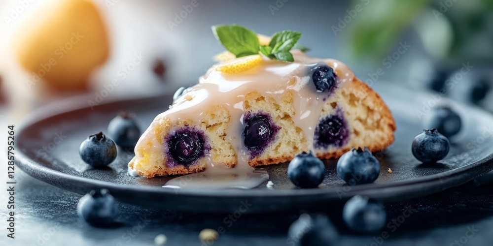 Fresh Blueberry Scone with Lemon Glaze and Mint Garnish Fresh Blueberry Scone with Lemon Glaze and Mint Garnish