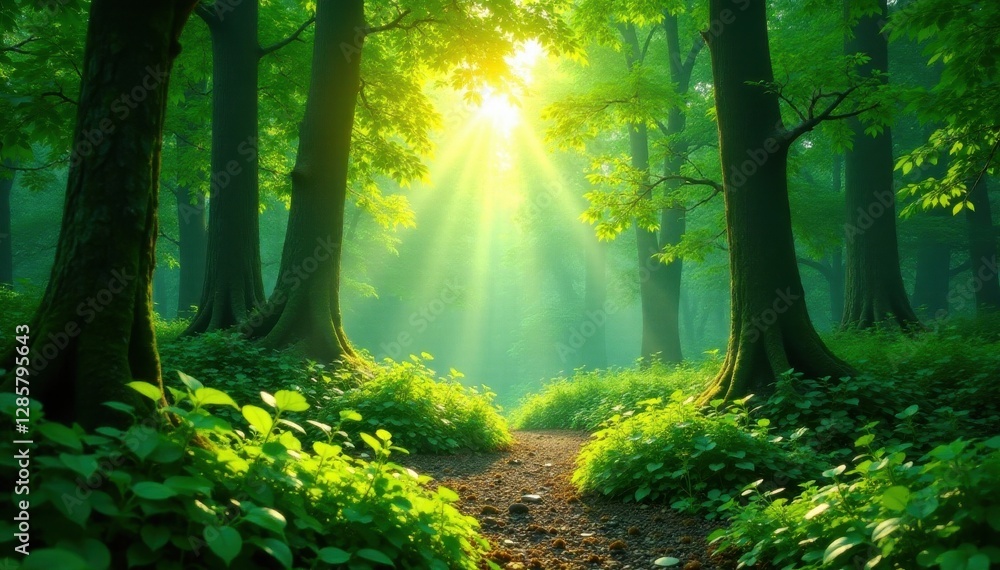Obraz premium Lush green forest with vibrant foliage, sunlight dappling through leaves, high resolution, growth
