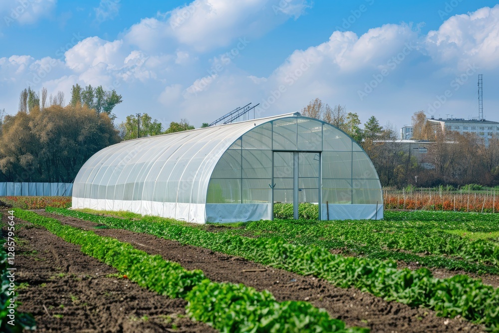 High Resolution Visual of Beautiful View of a White Greenhouse in the Middle on a Field High Resolution Visual of Beautiful View of a White Greenhouse in the Middle on a Field