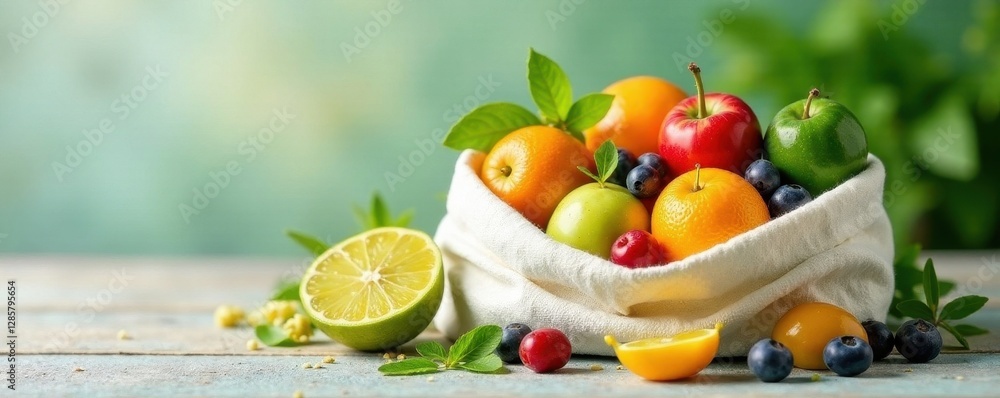 Lush greens and colorful fruits nestled in a simple white cotton bag , kale, fresh Lush greens and colorful fruits nestled in a simple white cotton bag , kale, fresh