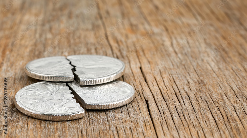 Broken Silver Coins on Rustic Wood Broken Silver Coins on Rustic Wood