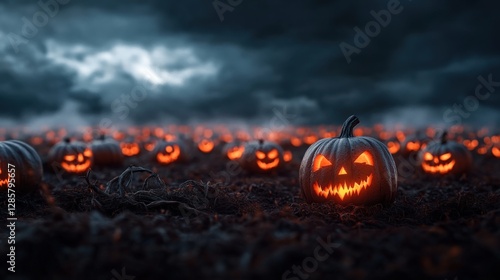 Halloween pumpkin festival spooky field photography nighttime wide angle eerie atmosphere photo