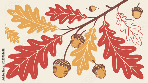 Autumnal Branch with Acorns: A meticulously detailed vector illustration presents a close-up view of an autumnal oak branch, adorned with vibrant red and gold leaves, and plump acorns.
