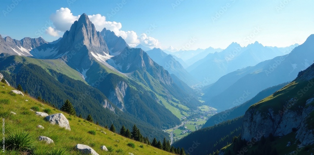 Obraz premium Majestic peaks, sunlit valleys, clear blue sky, adventure, green